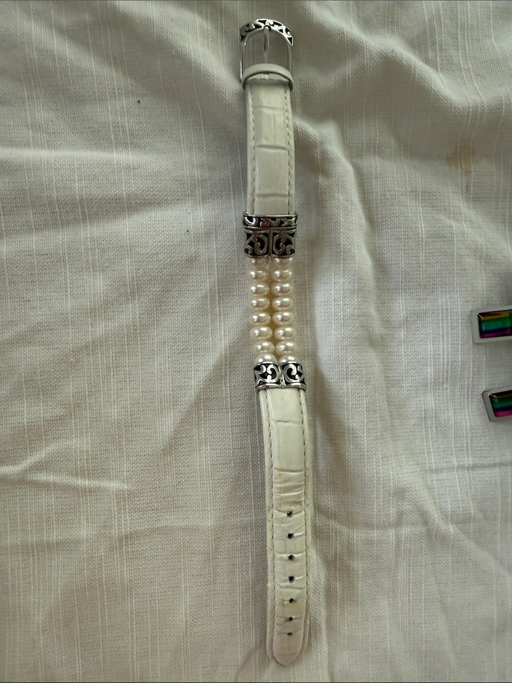Brighton White Pearl Strand Leather Bracelet with Silver Accents